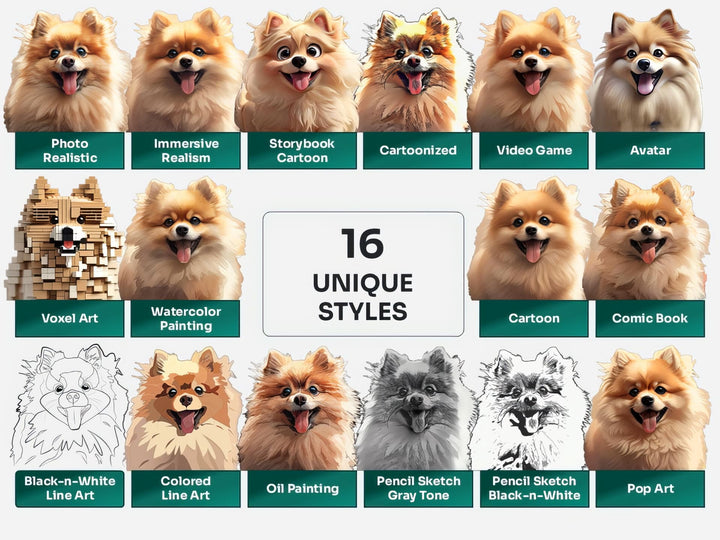 Pomeranian PNG Clipart in 16 Art Styles including Realistic, Cartoon, Avatar, Watercolor, Line Art, Sketch, and More
