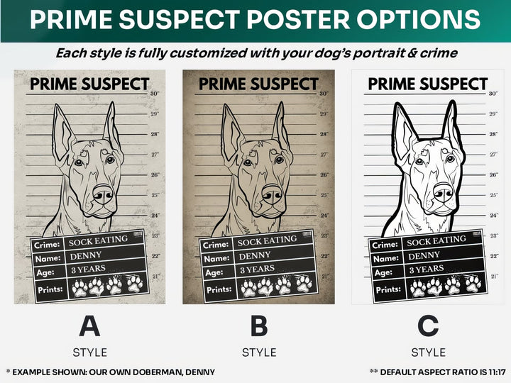 Prime Suspect poster backgrounds for custom dog portraits – Styles A, B, and C with crime, name, and paw print details