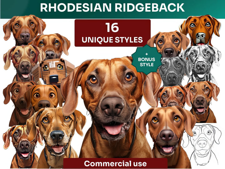 Rhodesian Ridgeback Clipart Bundle, Dog Portraits Bundle in 16 Unique Art Styles, Rhodesian Ridgeback PNG Files