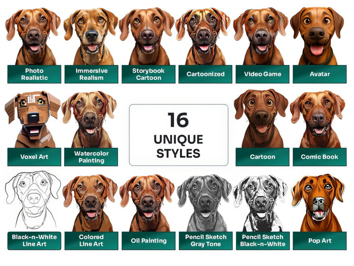 Rhodesian Ridgeback PNG Clipart in 16 Art Styles including Realistic, Cartoon, Avatar, Watercolor, Line Art, Sketch, and More