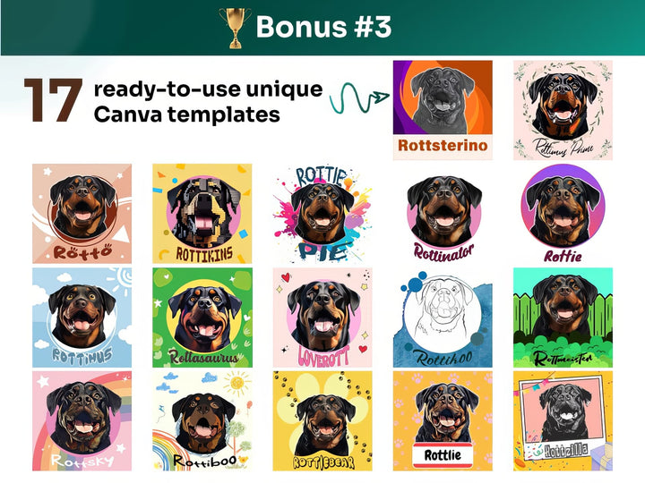 Get your bonus #3 – Canva Template Preview Featuring 17 Design Styles of Rottweiler Portrait Art for POD