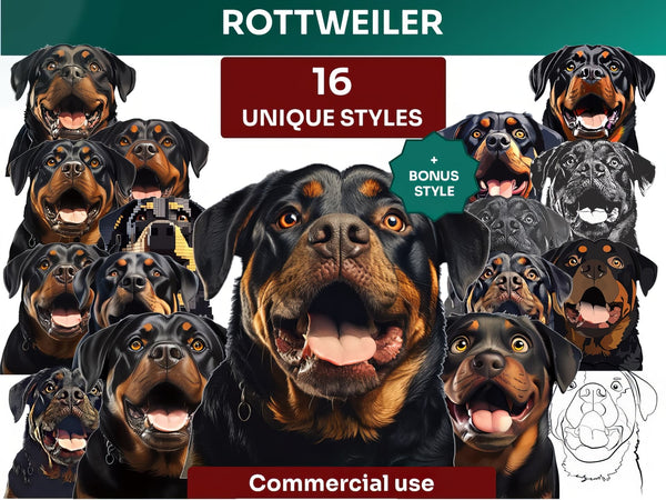 Rottweiler Clipart Bundle, Dog Portraits Bundle in 16 Unique Art Styles, Rottweiler PNG Files