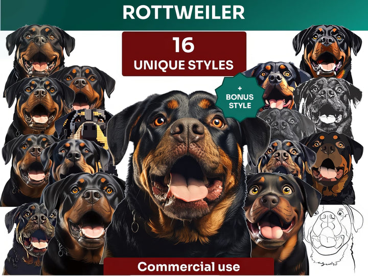 Rottweiler Clipart Bundle, Dog Portraits Bundle in 16 Unique Art Styles, Rottweiler PNG Files