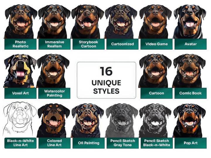 Rottweiler PNG Clipart in 16 Art Styles including Realistic, Cartoon, Avatar, Watercolor, Line Art, Sketch, and More