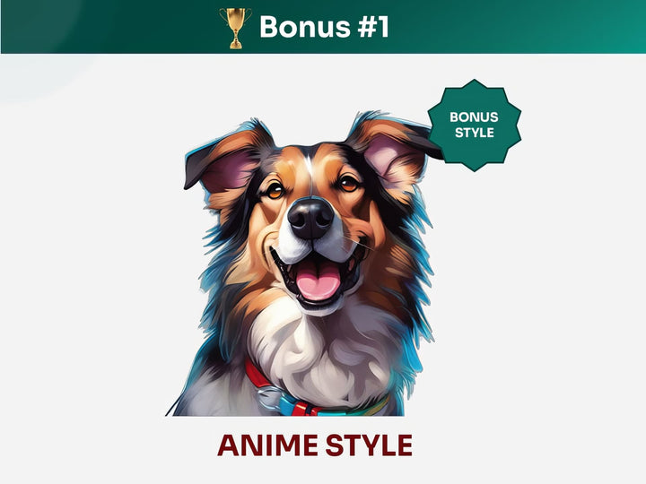 Get your extra bonus #1 - a unique Shetland Sheepdog Dog Portrait in Anime art style.