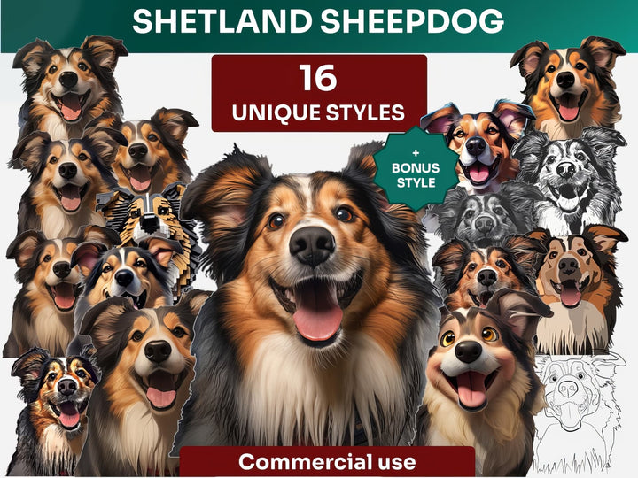 Shetland Sheepdog Clipart Bundle, Dog Portraits Bundle in 16 Unique Art Styles, Shetland Sheepdog PNG Files