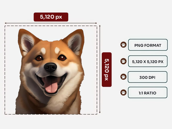 Shiba Inu Portrait PNG Files – 5120x5120 px, 300 DPI, Transparent Background, Square 1:1 Ratio
