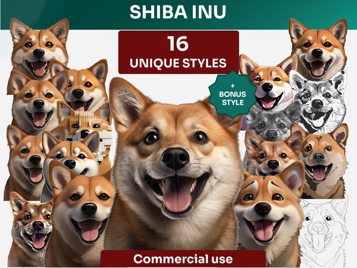 Shiba Inu Clipart Bundle, Dog Portraits Bundle in 16 Unique Art Styles, Shiba Inu PNG Files