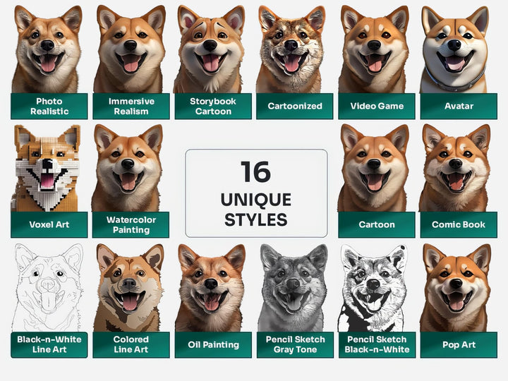 Shiba Inu PNG Clipart in 16 Art Styles including Realistic, Cartoon, Avatar, Watercolor, Line Art, Sketch, and More