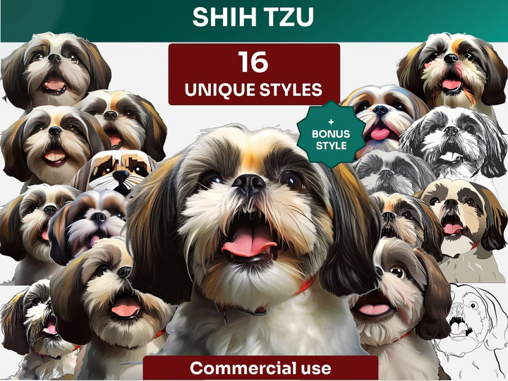 Shih Tzu Clipart Bundle, Dog Portraits Bundle in 16 Unique Art Styles, Shih Tzu PNG Files