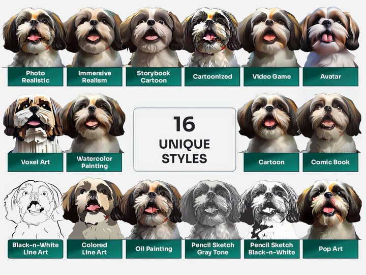 Shih Tzu PNG Clipart in 16 Art Styles including Realistic, Cartoon, Avatar, Watercolor, Line Art, Sketch, and More