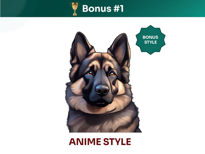 Get your extra bonus #1 - a unique Shiloh Shepherd Dog Portrait in Anime art style.