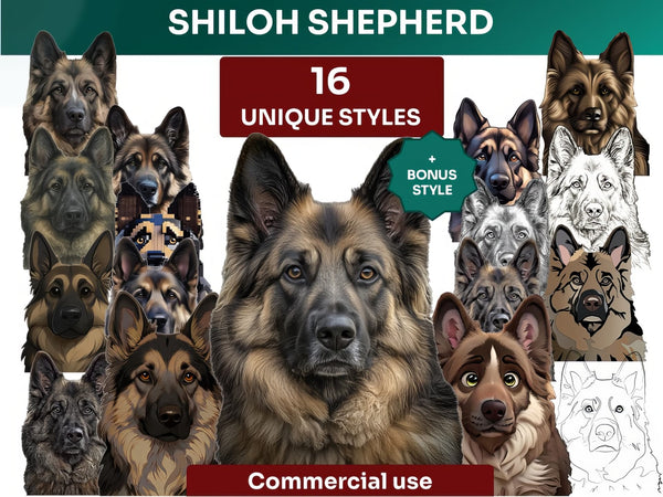 Shiloh Shepherd Clipart Bundle, Dog Portraits Bundle in 16 Unique Art Styles, Shiloh Shepherd PNG Files