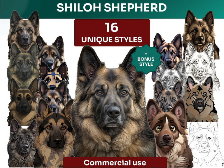 Shiloh Shepherd Clipart Bundle, Dog Portraits Bundle in 16 Unique Art Styles, Shiloh Shepherd PNG Files