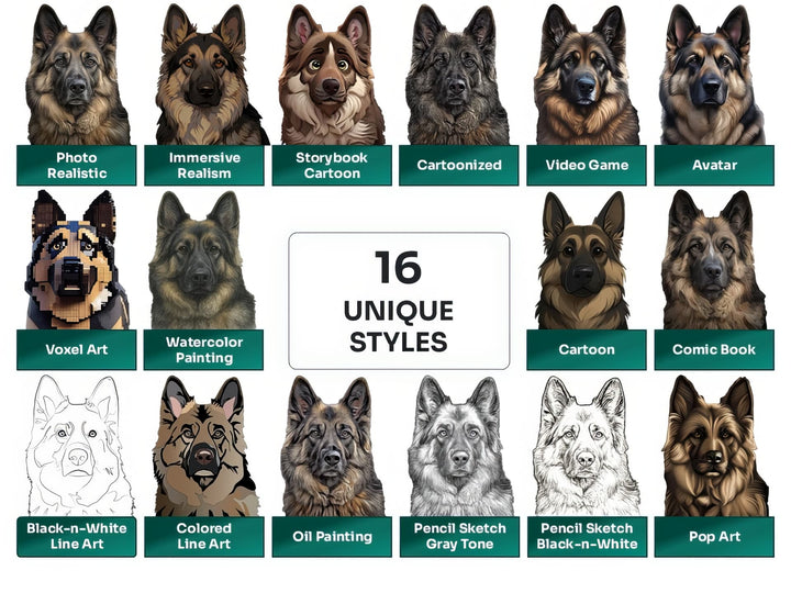Shiloh Shepherd PNG Clipart in 16 Art Styles including Realistic, Cartoon, Avatar, Watercolor, Line Art, Sketch, and More