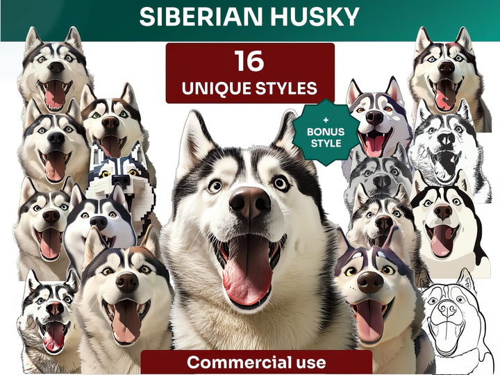 Siberian Husky Clipart Bundle, Dog Portraits Bundle in 16 Unique Art Styles, Siberian Husky PNG Files