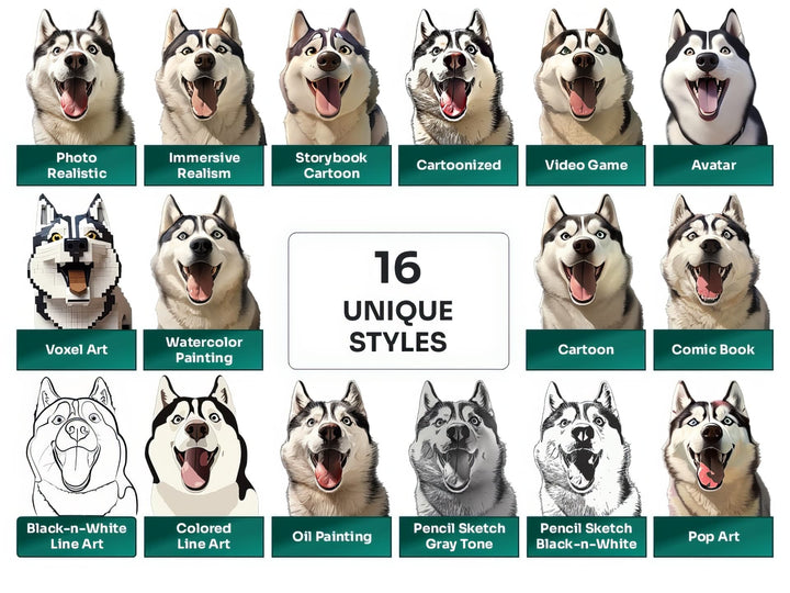 Siberian Husky PNG Clipart in 16 Art Styles including Realistic, Cartoon, Avatar, Watercolor, Line Art, Sketch, and More