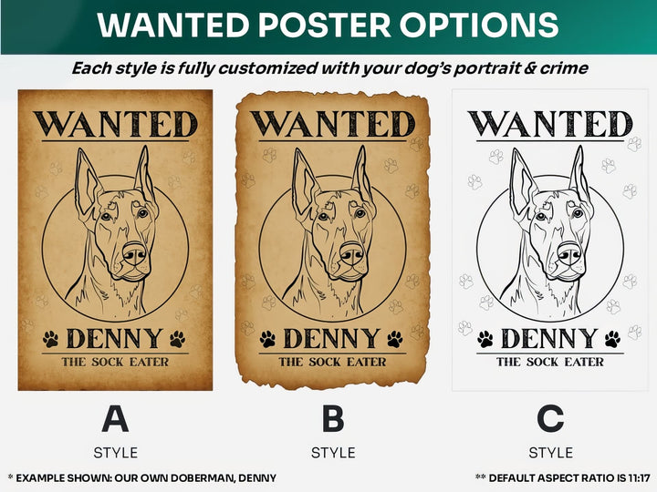 Wanted poster background options for custom dog portraits – Styles A, B, and C with crime title and vintage effects
