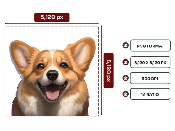 Welsh Corgi Portrait PNG Files – 5120x5120 px, 300 DPI, Transparent Background, Square 1:1 Ratio