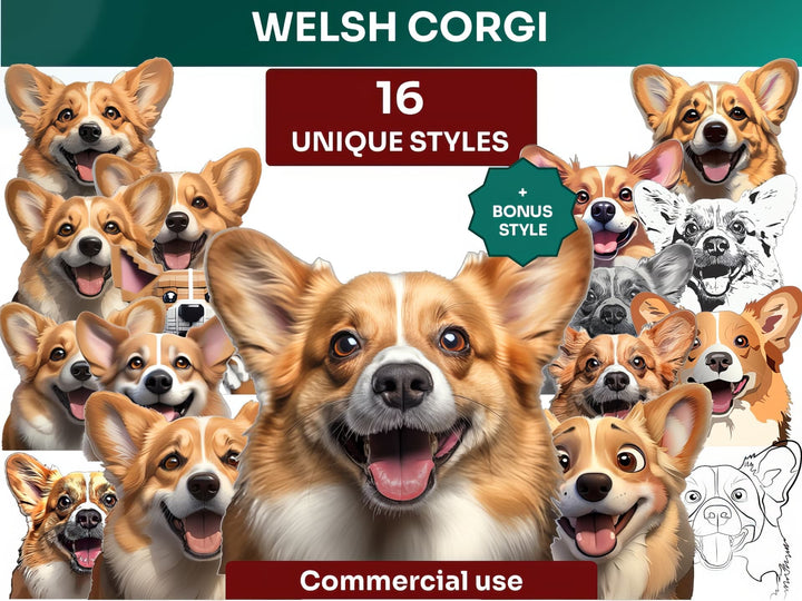 Welsh Corgi Clipart Bundle, Dog Portraits Bundle in 16 Unique Art Styles, Welsh Corgi PNG Files