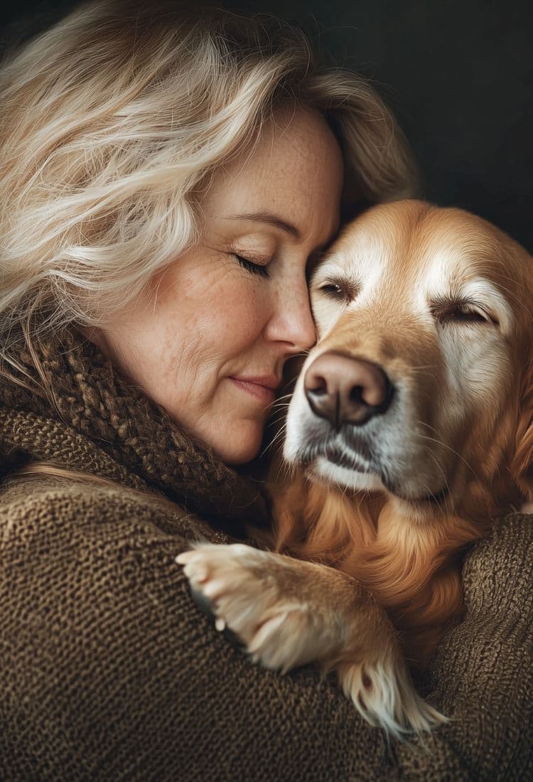 Main image (mobile version) for the blog post - 'Why pet lovers are perfect POD customers!'. Woman hugging a dog against a dark background