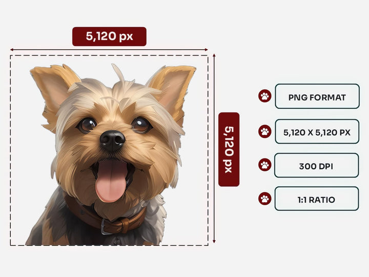Yorkshire Terrier Portrait PNG Files – 5120x5120 px, 300 DPI, Transparent Background, Square 1:1 Ratio