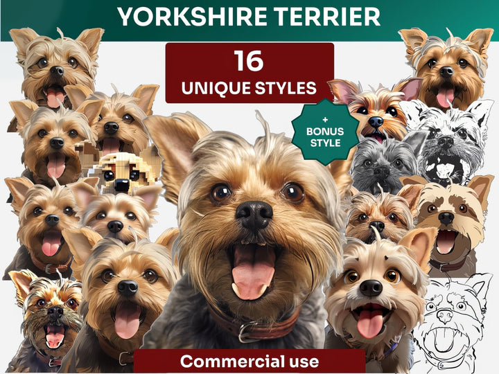 Yorkshire Terrier Clipart Bundle, Dog Portraits Bundle in 16 Unique Art Styles, Yorkshire Terrier PNG Files