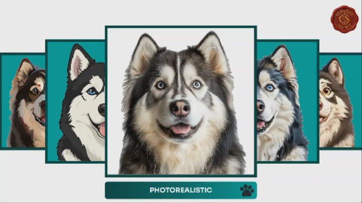 Slideshow Video Showcasing 17 Unique Alaskan Malamute Portrait Styles – Watercolor, Cartoon, Oil Painting, Line Art & More