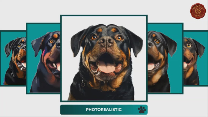 Slideshow Video Showcasing 17 Unique Rottweiler Portrait Styles – Watercolor, Cartoon, Oil Painting, Line Art & More
