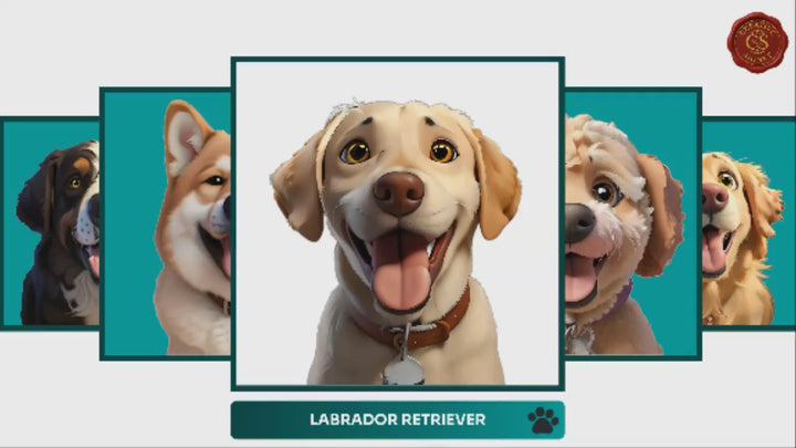 Slideshow Video Showcasing Dog Portraits of 30 Most Popular Breeds in Storybook Cartoon style - Retriever, Labrador, Poodle, Shepherd, Husky & More
