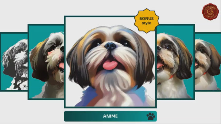 Slideshow Video Showcasing 17 Unique Shih Tzu Portrait Styles – Watercolor, Cartoon, Oil Painting, Line Art & More