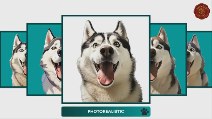 Slideshow Video Showcasing 17 Unique Siberian Husky Portrait Styles – Watercolor, Cartoon, Oil Painting, Line Art & More