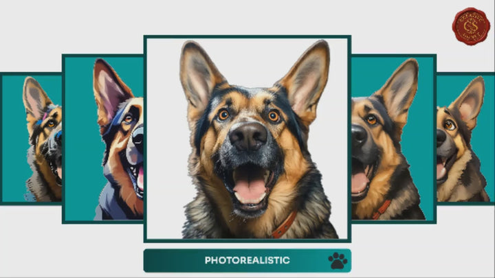 Slideshow Video Showcasing 17 Unique German Shepherd Portrait Styles – Watercolor, Cartoon, Oil Painting, Line Art & More