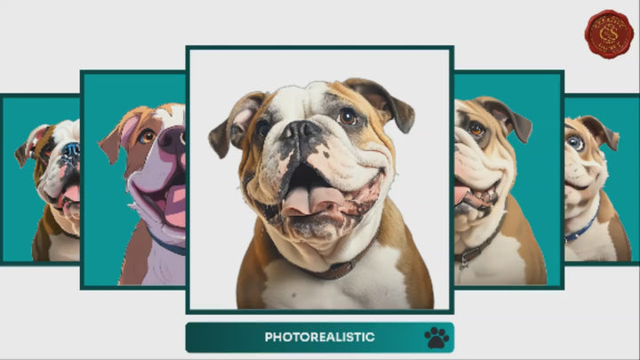Slideshow Video Showcasing 17 Unique English Bulldog Portrait Styles – Watercolor, Cartoon, Oil Painting, Line Art & More