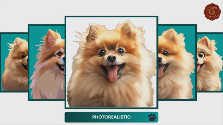 Slideshow Video Showcasing 17 Unique Pomeranian Portrait Styles – Watercolor, Cartoon, Oil Painting, Line Art & More
