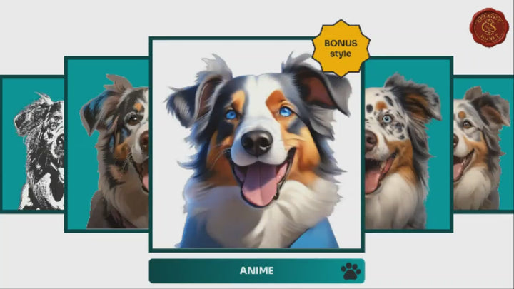 Slideshow Video Showcasing 17 Unique Australian Shepherd Portrait Styles – Watercolor, Cartoon, Oil Painting, Line Art & More