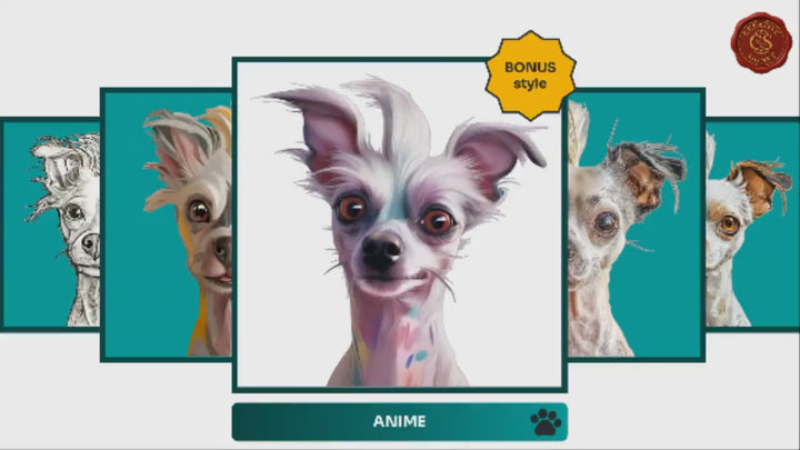 Slideshow Video Showcasing 17 Unique Chinese Crested Portrait Styles – Watercolor, Cartoon, Oil Painting, Line Art & More