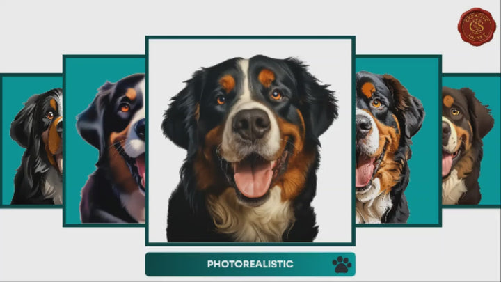 Slideshow Video Showcasing 17 Unique Bernese Mountain Dog Portrait Styles – Watercolor, Cartoon, Oil Painting, Line Art & More