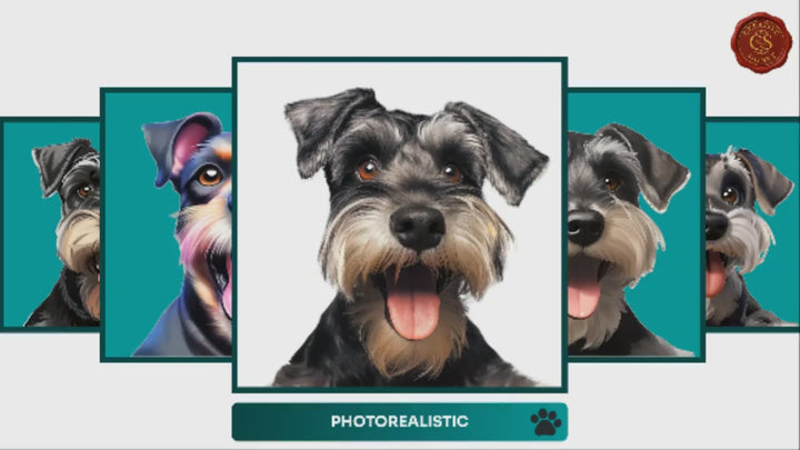 Slideshow Video Showcasing 17 Unique Miniature Schnauzer Portrait Styles – Watercolor, Cartoon, Oil Painting, Line Art & More