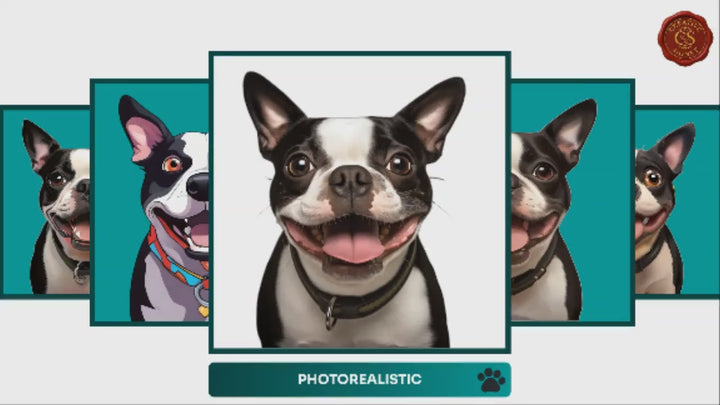Slideshow Video Showcasing 17 Unique Boston Terrier Portrait Styles – Watercolor, Cartoon, Oil Painting, Line Art & More