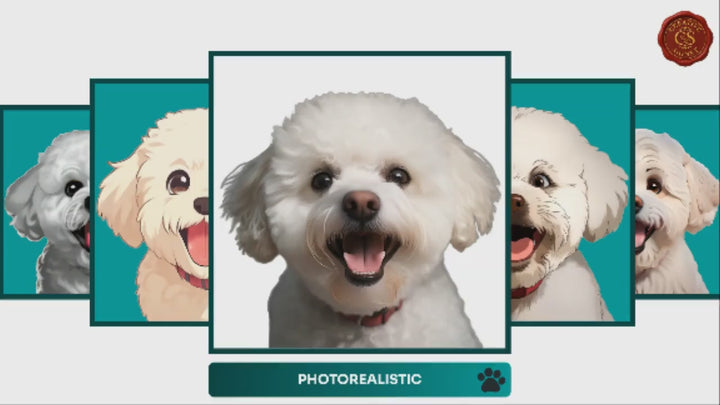 Slideshow Video Showcasing 17 Unique Bichon Frise Portrait Styles – Watercolor, Cartoon, Oil Painting, Line Art & More